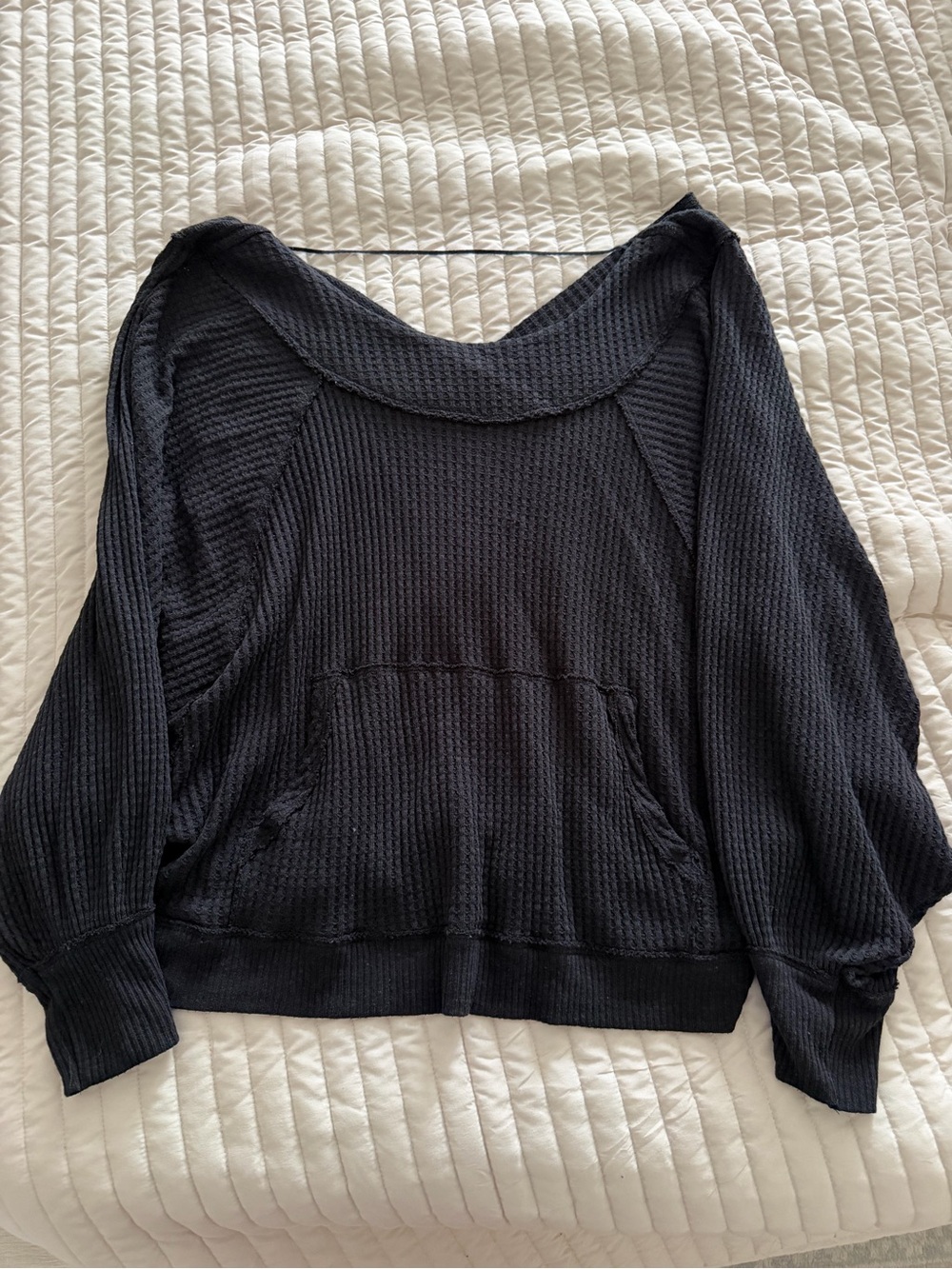 We The Free Black Off-the-Shoulder Waffle-Knit Pullover